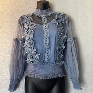 Ladies Lace Mesh Shirt Floral Long Puff Sleeve Blouse Sheer Elegant Party Top
